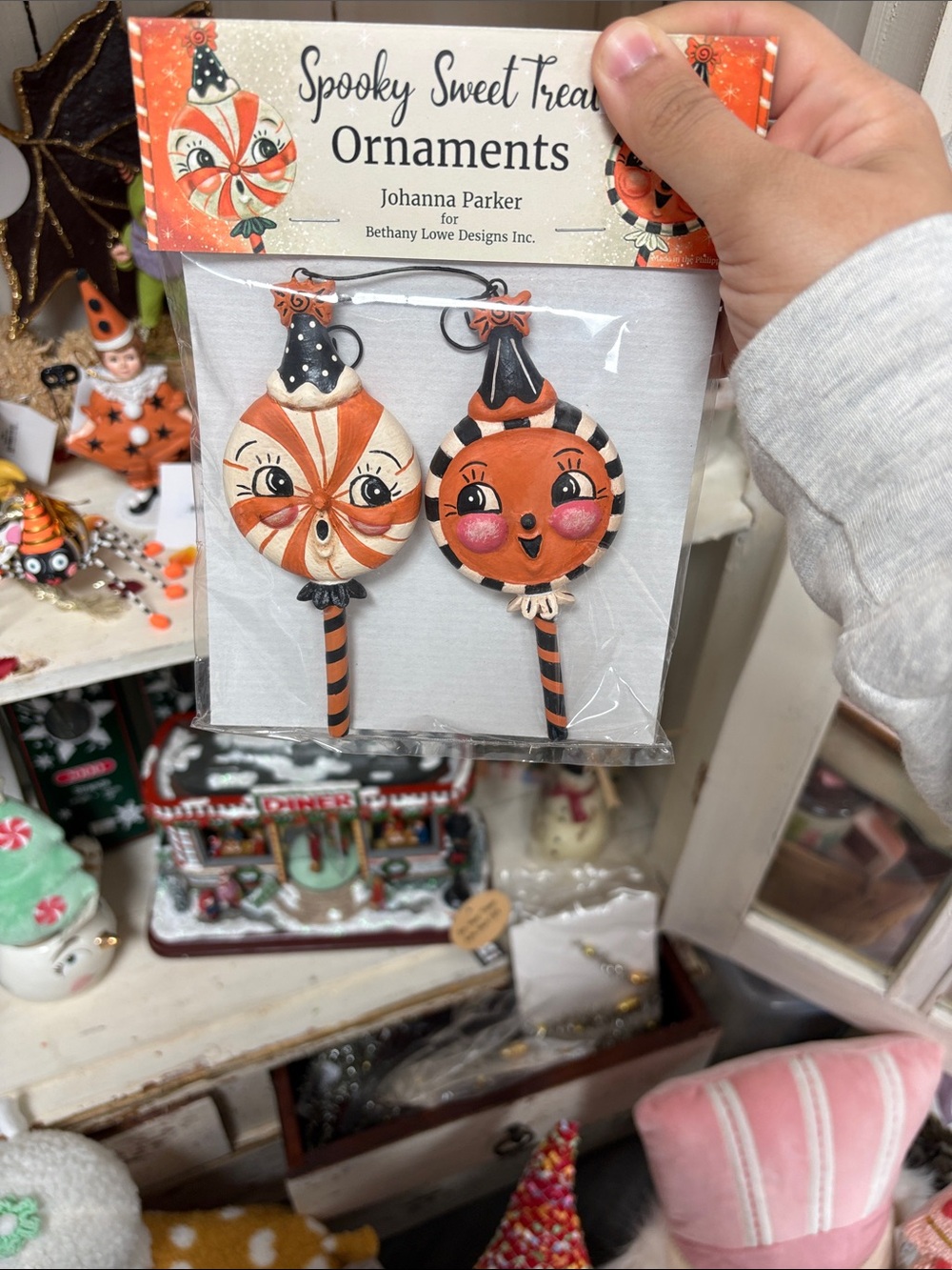 Bethany Lowe Halloween Lollipop Ornaments - Orange, Black and Cream